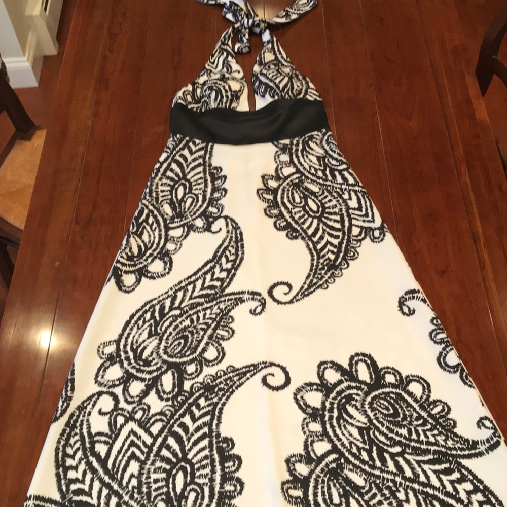 Full length white and black halter dress